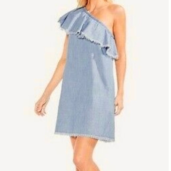 Vince Camuto - Frayed Ruffle One-Shoulder Chambray Dress - Picture 1 of 7